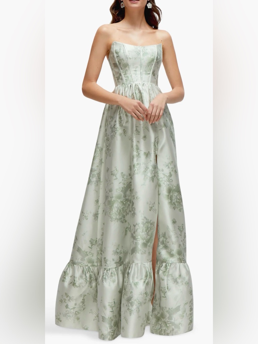 New Dessy Collection Floral Strapless Bustier Bodice Satin Sage Cottage Rose Gow